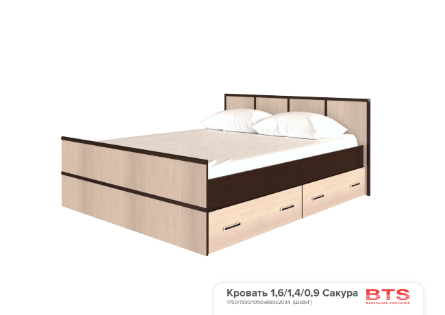 "Сакура" кровать 1,6м (1750х860х2034) БТС1 венге/лоредо